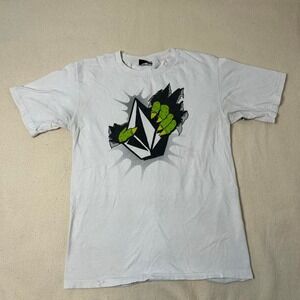 Volcom Men's White and Green T-shirt medium‎ graphic